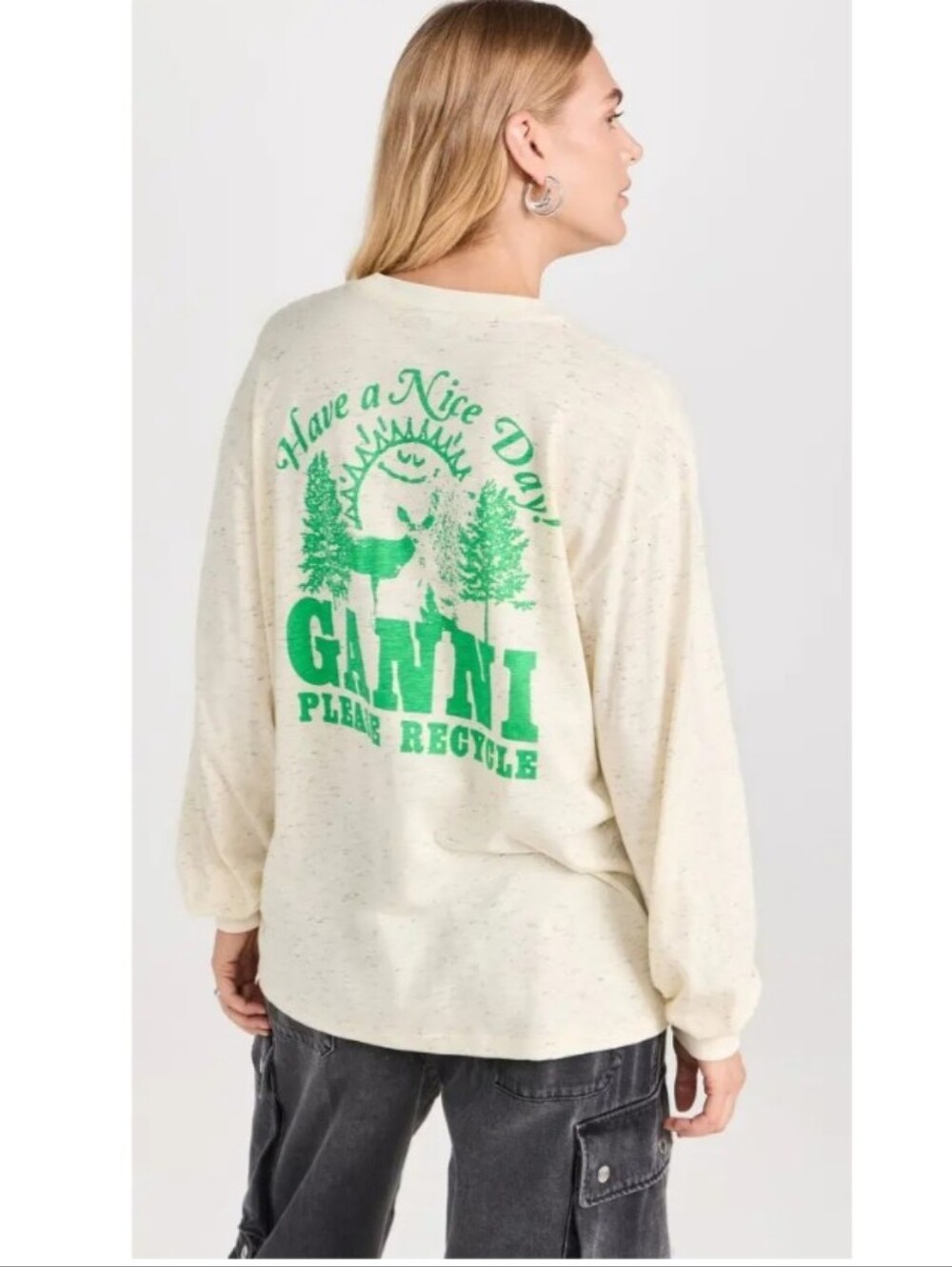 GANNI melange dotted cotton long sleeve Logo t-shirt Size XL